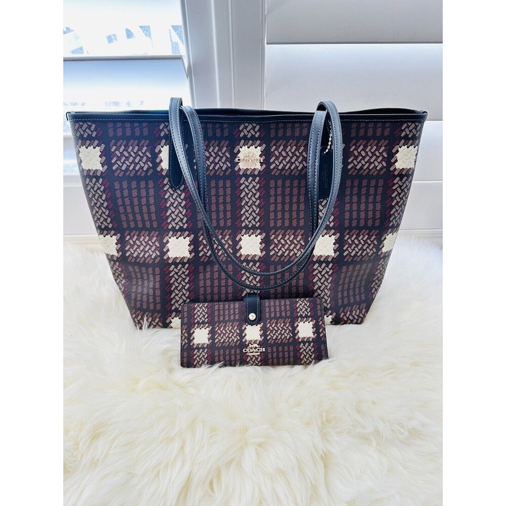 NWT Coach City Large Tote Wallet Bundle Graphic/Brushed Plaid Print Gold/Brown